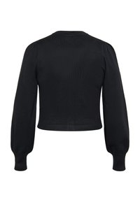 Pulover negru scurt cu mâneci lungi tip puff, tivuri și margine cu nervuri, material texturat și un decolteu rotund subtil.