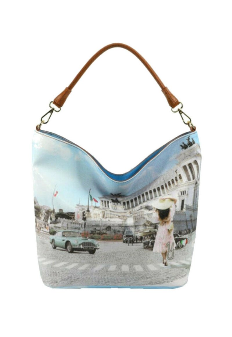 Borse hobo con una silhouette curvata, caratterizzata da un design stampato di una scena di strada in colori pastello, e un manico in finta pelle marrone.