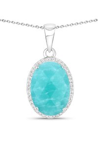 Oval turkislit pendants med facetteret overflade, omgivet af klare ædelstene. Kæden i sølvmetal har en glat, poleret lås.