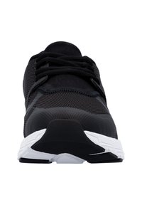 Black athletic shoe with mesh fabric, white sole, rounded toe, and lace-up design. Features a textured finish and distinct sole pattern.