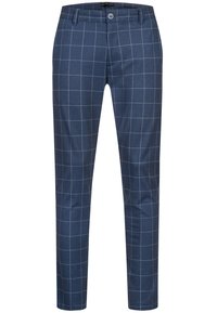 Marineblauwe op maat gemaakte broeken met een ruitpatroon, voorzien van een knoopsluiting, slim fit en een gladde textuur.
