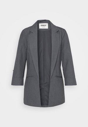 Grå blazer med spidse kraver, åben front, to frontlommer og opretterede ærmer. Fremstillet af tekstureret stof med en glat inderside.