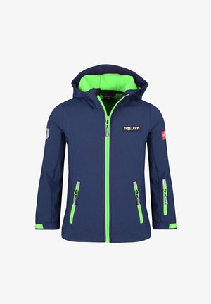 Navy blue children's jacket with green accents, a hood, and zipper pockets. Made of soft, durable material. Features logo and flag patch.