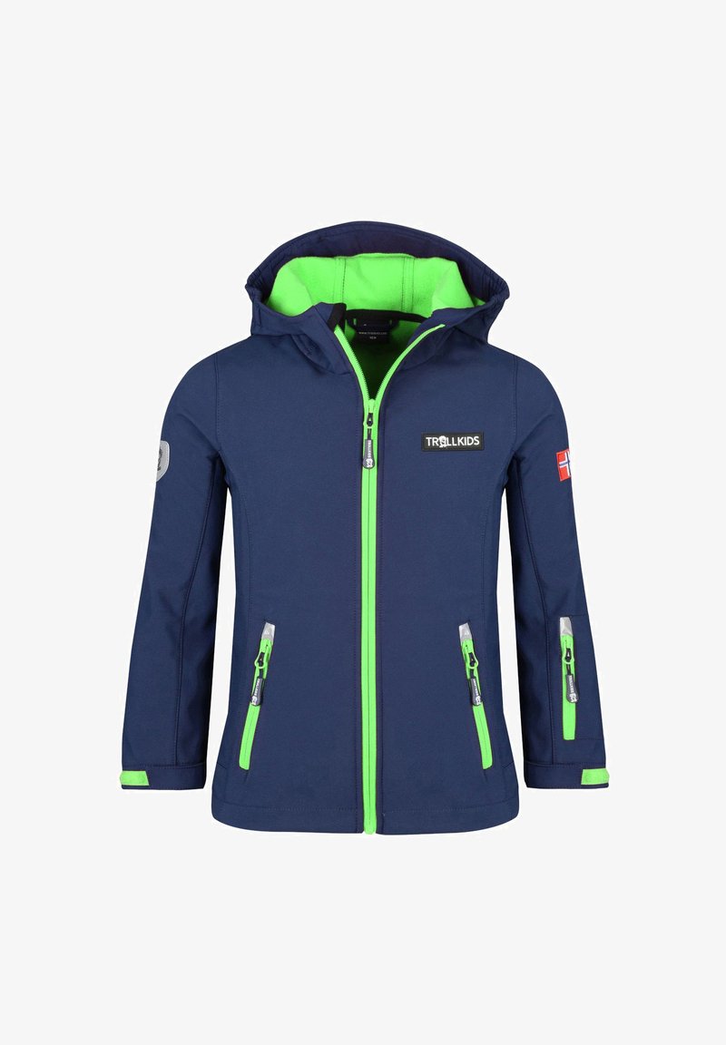 Navy blue children's jacket with green accents, a hood, and zipper pockets. Made of soft, durable material. Features logo and flag patch.