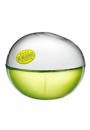 Pyöreä hajustepullo, jossa kirkas kansi ja vihreä pohja, merkintänä "DKNY Be Delicious 100% Pure New York."