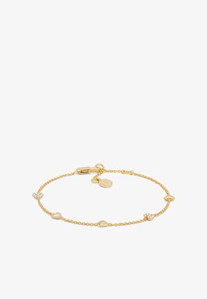 Armband in Gold-Ton mit einer filigranen Kette, herzförmigen Perlen und einem kleinen funkelnden Akzentanhänger. Verstellbarer Verschluss.