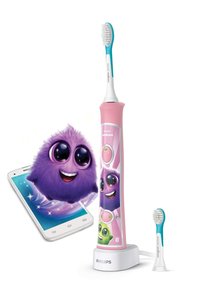 Philips Sonicare elektrische tandenborstel in het roze, met een blauwe accent. Inclusief een klein vervangend hoofd en een smartphone met een cartoonfiguur.