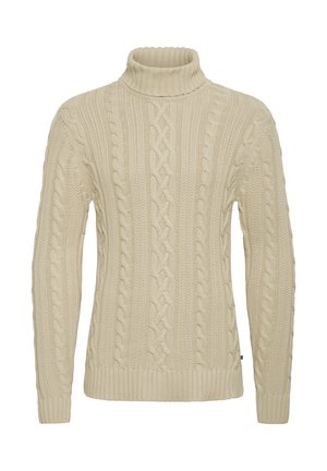 Kremo spalvos virbalų megztinis su aukštu kaklu, ilgomis rankovėmis ir raukšlėtomis rankogaliais bei apatine dalimi.