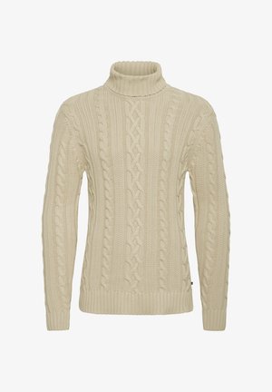Cream-colored cable knit turtleneck sweater with long sleeves and ribbed cuffs and hem.