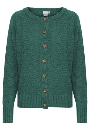 Grüne gestrickte Strickjacke mit einem strukturierten Muster, runder Ausschnitt, langen Ärmeln und sieben braunen Knöpfen auf der Vorderseite.