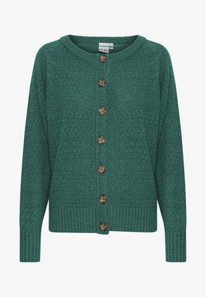 Žalias megztas kardiganas su tekstūruotu raštu, turintis apvalų iškirpimą, ilgas rankoves ir septynis rudus mygtukus priekyje.