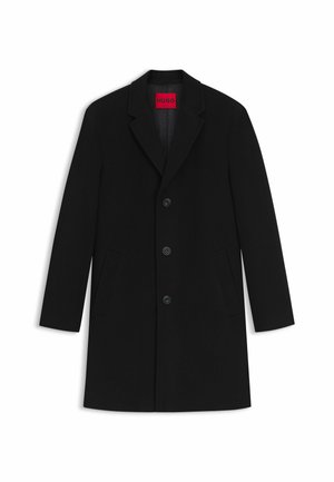 Black wool blend coat featuring a notched lapel, five-button closure, and side pockets. Interior lining has a subtle pattern.