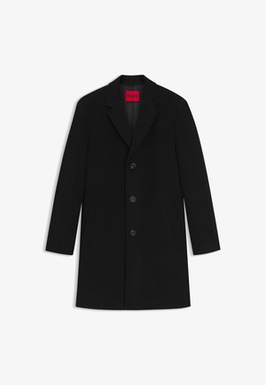 Black wool blend coat featuring a notched lapel, five-button closure, and side pockets. Interior lining has a subtle pattern.