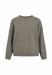 Szary dzianinowy sweter z okrągłym dekoltem, opadłymi ramionami oraz prążkowanymi mankietami i końcem. Miękka tekstura, charakteryzująca się nieco oversize'owym krojem.