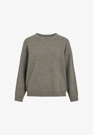 Gray knitted sweater with a round neck, dropped shoulders, and ribbed cuffs and hem. Soft texture, featuring a slightly oversized fit.