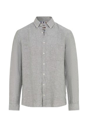Hellgraues, langärmliges Hemd mit Knopfleiste, Brusttasche, geknöpftem Kragen und strukturierter Stoffqualität.