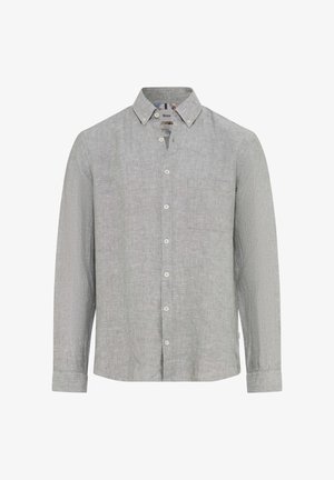 Chemise à manches longues gris clair, boutonnée, avec une poche poitrine, un col boutonné, et un tissu texturé.