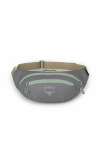 Canguro de cintura Osprey en gris con acentos en verde menta. Cuenta con dos compartimentos con cremallera y una correa ancha ajustable para mayor comodidad.