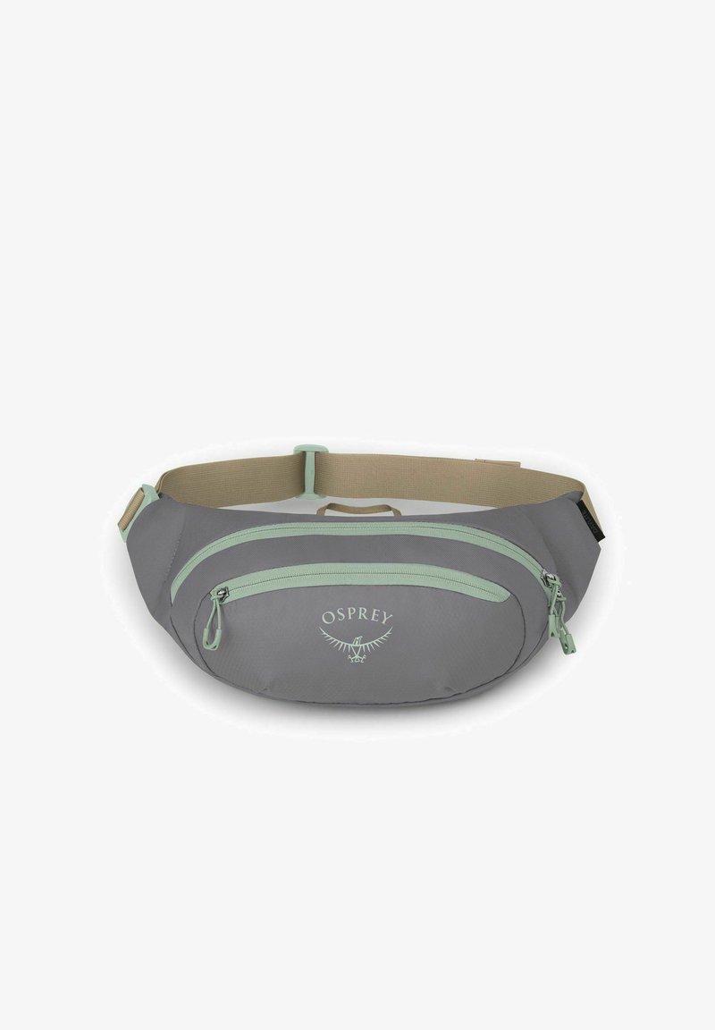 Canguro de cintura Osprey en gris con acentos en verde menta. Cuenta con dos compartimentos con cremallera y una correa ancha ajustable para mayor comodidad.