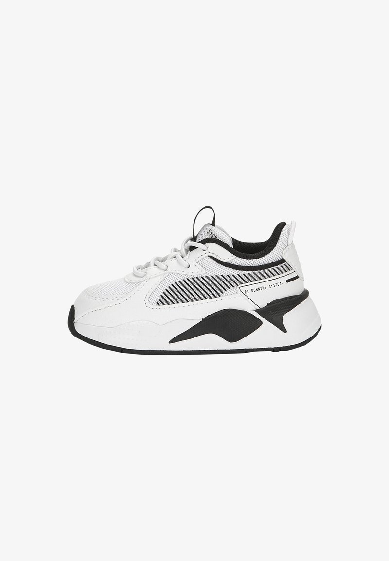 White athletic shoes with black accents, textured synthetic upper, mesh panels, rounded toe, and a cushioned sole. Features a pull tab.