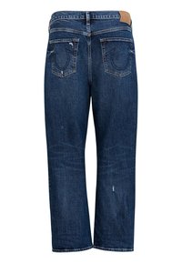 Dunkelblaue Jeans aus Denim mit geradem Bein, hinteren Taschen mit Nahtdetails und einem Lederpatch am Bund.