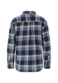 Langärmliges Flanellhemd mit einem karierter Muster in Marineblau, Hellblau und Beige, gerader Schnitt und geknöpften Manschetten.