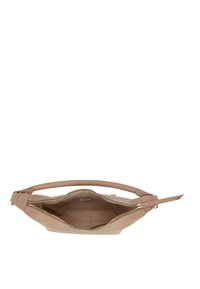 Borsa beige con finitura liscia, forma curva e chiusura con zip. Presenta un manico singolo e un vano interno.