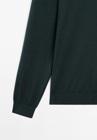 Maglione verde scuro con maniche lunghe, polsini e orlo a costine, realizzato in un materiale a maglia liscia, caratterizzato da un design semplice e pulito.