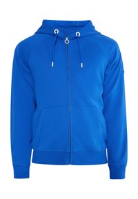 Haut à zip bleu en tissu doux. Comprend une capuche, des cordons de serrage, deux poches avant et des poignets et un ourlet côtelés.