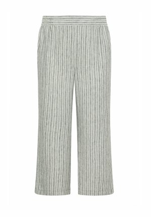 Pantaloni a gamba larga con righe verticali grigie e bianche, dotati di vita elasticizzata e tasche laterali, mostrati su uno sfondo bianco.