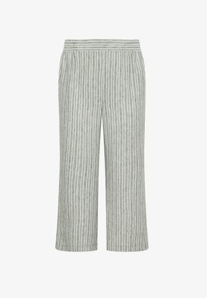 Pantalon à jambes larges rayé verticalement gris et blanc avec une ceinture élastique et des poches latérales, présenté sur un fond blanc.