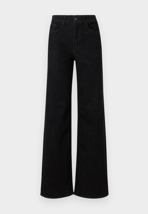 Černé široké džíny vyrobené z denimu, s vysokým pasem, klasickým pětikusovým designem a zapínáním na knoflík vpředu.