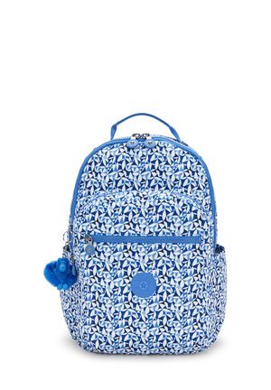 Blue backpack with a floral pattern. Made of fabric, features a rounded shape, front zip pocket, and a blue pom-pom accent.