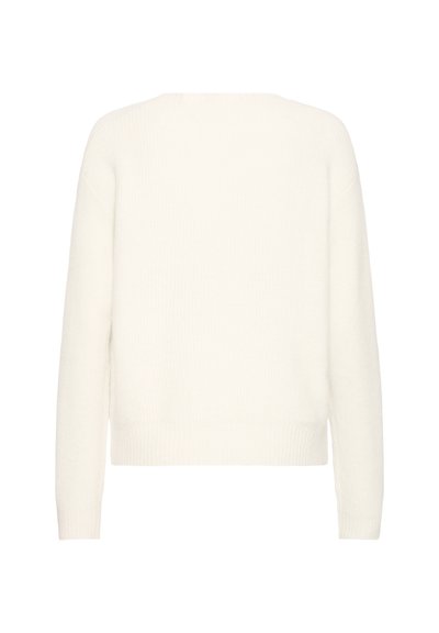 Pull en maille blanche avec des manches longues, un col ras du cou et un ourlet légèrement court, mettant en valeur un tissu texturé et confortable.