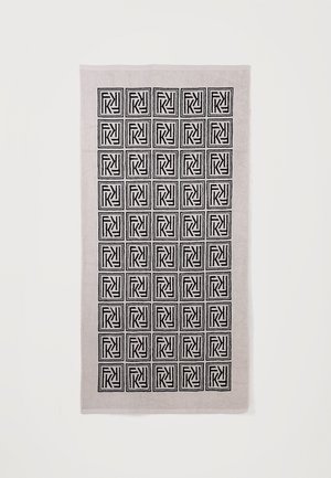 Serviette rectangulaire gris clair avec un motif géométrique noir répétitif de carrés concentriques disposés en grille.