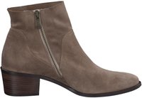 Szare zamszowe botki za kostkę z bocznym zamkiem błyskawicznym, na drewnianym, warstwowym obcasie i zaokrąglonym noskiem. Charakteryzują się gładką teksturą i minimalistycznym wzornictwem.