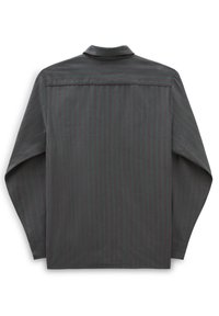 Camicia a maniche lunghe di colore grigio scuro con righe verticali verdi. Presenta un colletto e una spalla posteriore. Realizzata in cotone leggero.