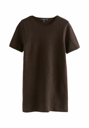 Hnědress s krátkým rukávem vyrobený z měkké tkaniny; má kulatý výstřih a rovný siluetu s zakončením lemu.