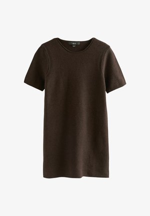 Brun kortærmet kjole lavet af blødt stof; har en rund halsudskæring og en lige silhuet med en afsluttet kant.