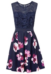 Námořnické šaty s krajkovým korzetem, květinový potisk v růžové a bílé na sukni, vypasovaný pas a rozšířený lem. Detaily s klíčovou dírkou na zádech.