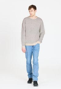 Beige trui met donkere stippen, ronde halslijn, lange mouwen; gecombineerd met lichtblauwe spijkerbroek en zwarte schoenen; effen achtergrond.