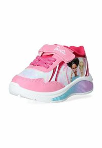 Sneakers per bambini rosa con un design lucido, dotati di una fascia in velcro, lacci rosa e una suola intermedia bianca. Illustrazioni di personaggi sui lati.