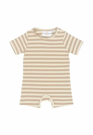 Prugasti kombinezon od mekanog rebrastog materijala, s bež i krem prugama, kratkim rukavima i kopčama na dnu za lakše odijevanje.