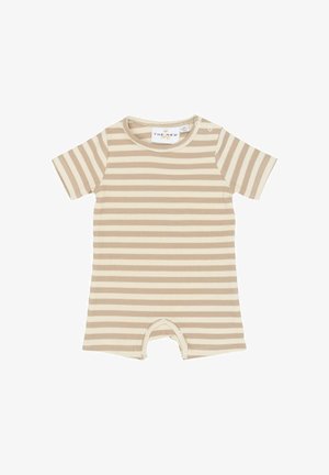 Combi-short rayée en tissu côtelé doux, avec des rayures beige et crème, des manches courtes et des boutons-pression en bas pour un habillage facile.