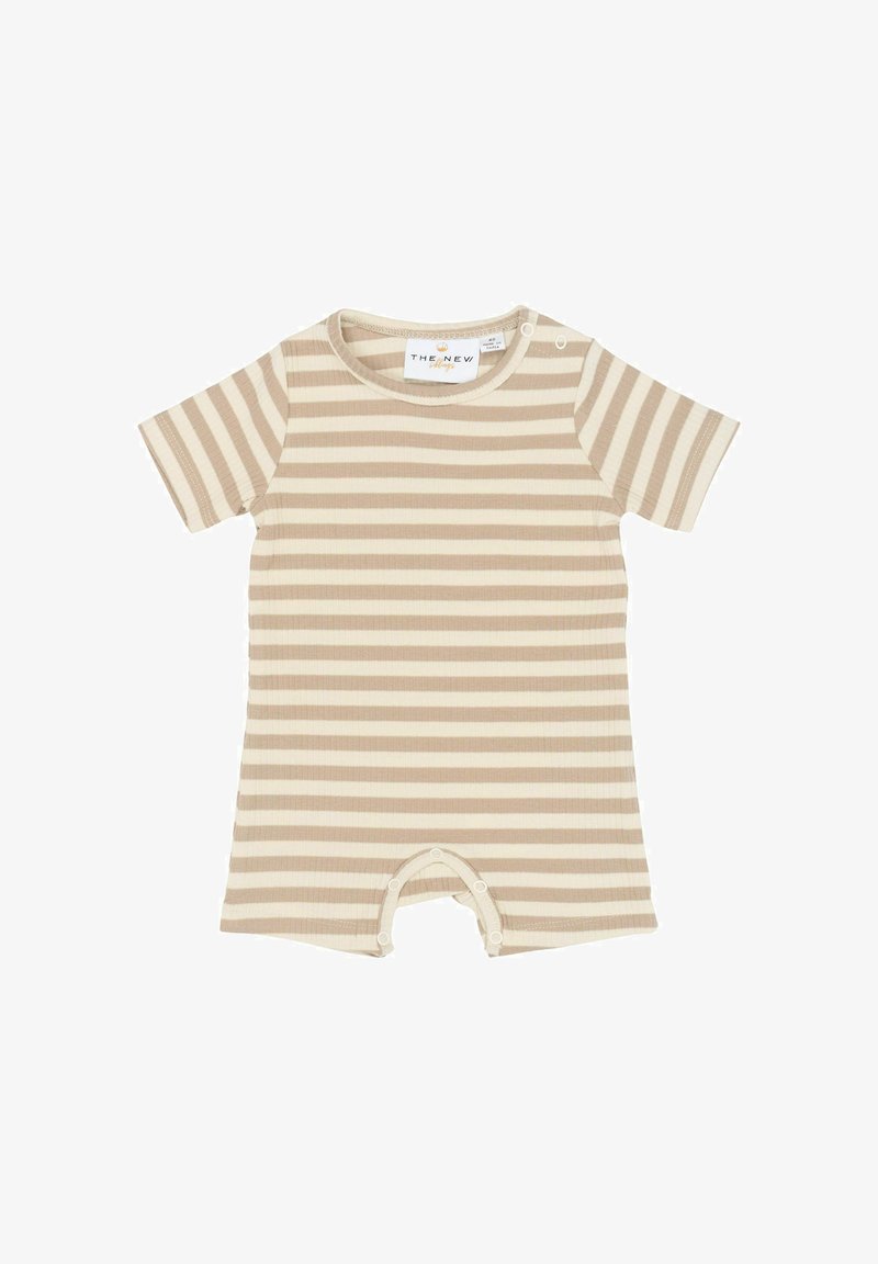 Combi-short rayée en tissu côtelé doux, avec des rayures beige et crème, des manches courtes et des boutons-pression en bas pour un habillage facile.