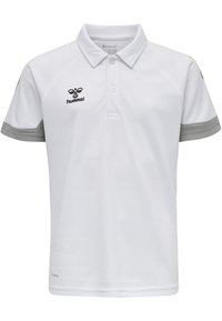 Witte polo met grijze accenten op de mouwen en kraag, lichtgewicht textuurstof, voorzien van een klein zwart logo op de linkerkant van de borst.