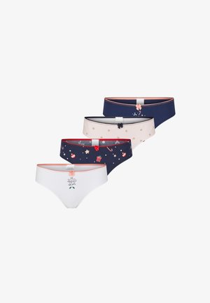 Vier paar dames katoenen ondergoed: wit, marineblauw en beige met feestelijke patronen; inclusief accenten zoals strikken en feestelijke prints.