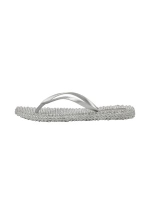 Silver flip-flop with a woven textured sole, thin flexible straps, and a flat profile, suitable for casual wear.