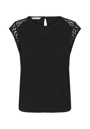 Blouse noire sans manches avec des détails en dentelle sur les épaules et une petite boutonnière en forme de trou de serrure à l'arrière du col.