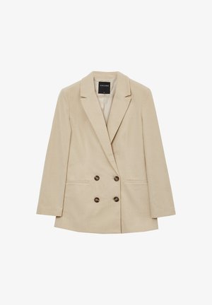 Blazer doppiopetto in corduroy beige con revers a dente, quattro bottoni marroni e due tasche a filetto frontali, taglia small, marca Calliope.